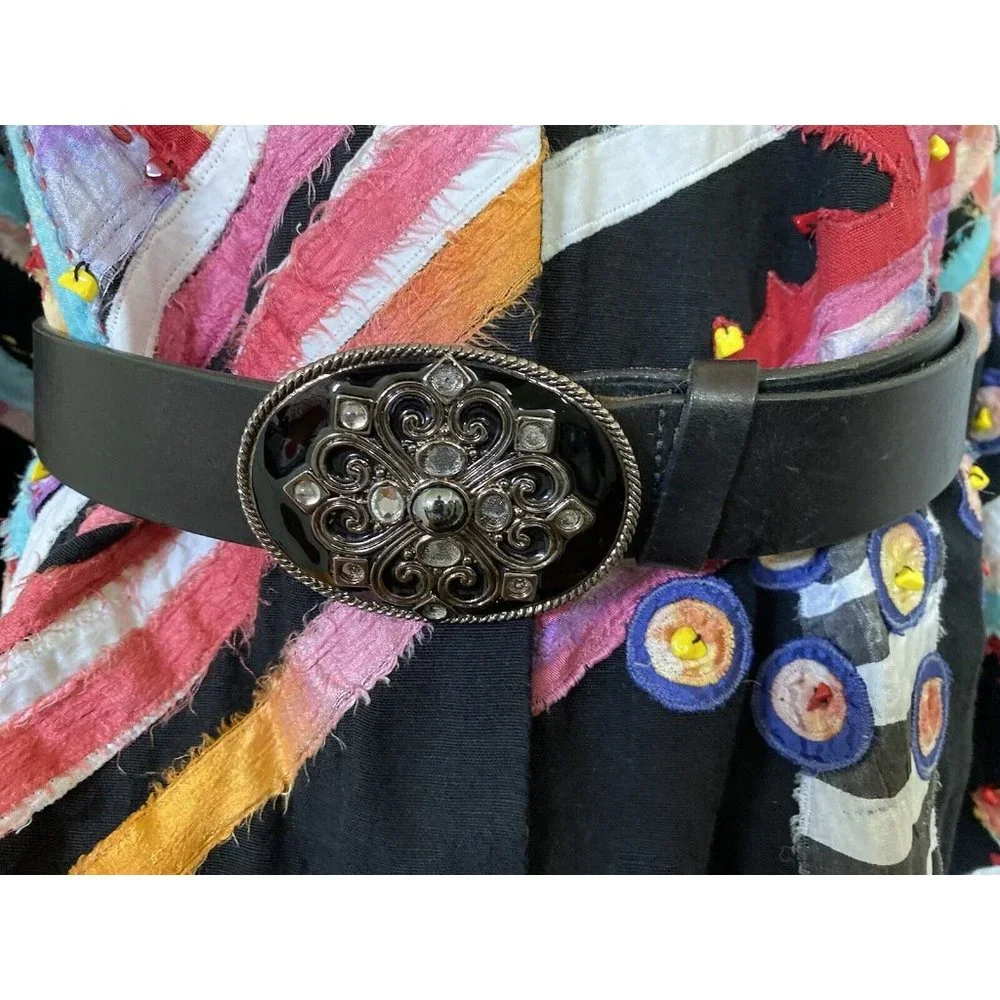 Vintage Express Wide Black Leather Belt Large Buckle Enamel Rhinestones‎ Medium